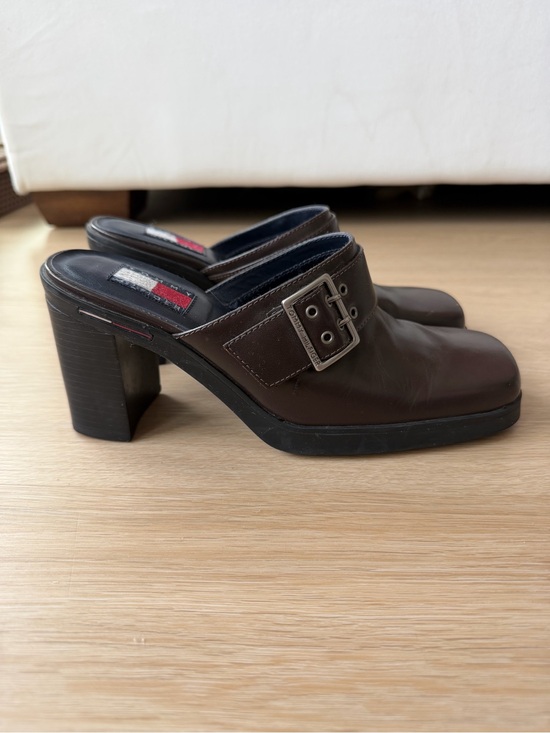 Tommy Hilfiger Shoes - Tommy Hilfiger Brown Leather Buckle Block Heel Mules
